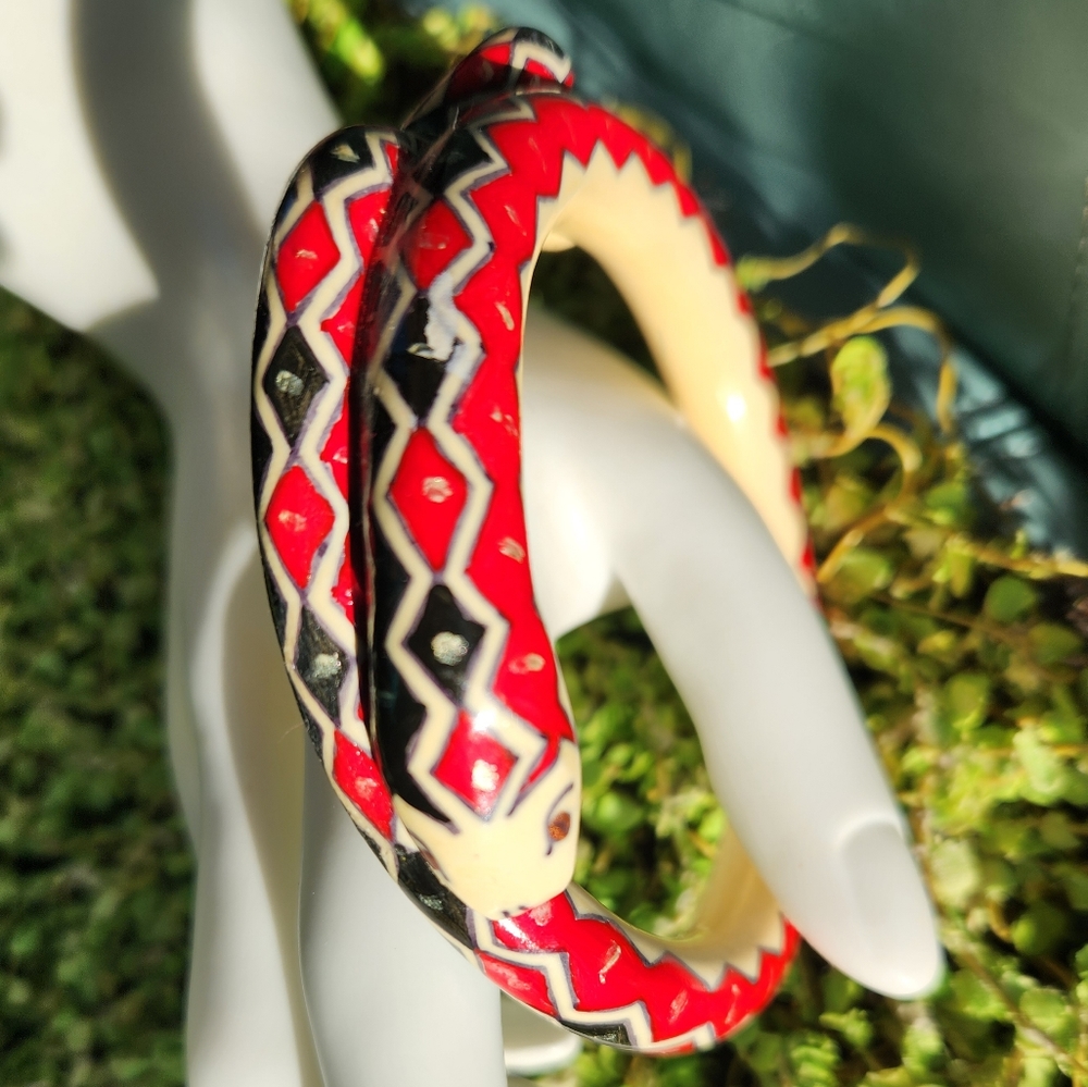 20s SNAKE Serpent Cuff Bangle Art Deco Ivorine Harlequin Handpainted Bracelet